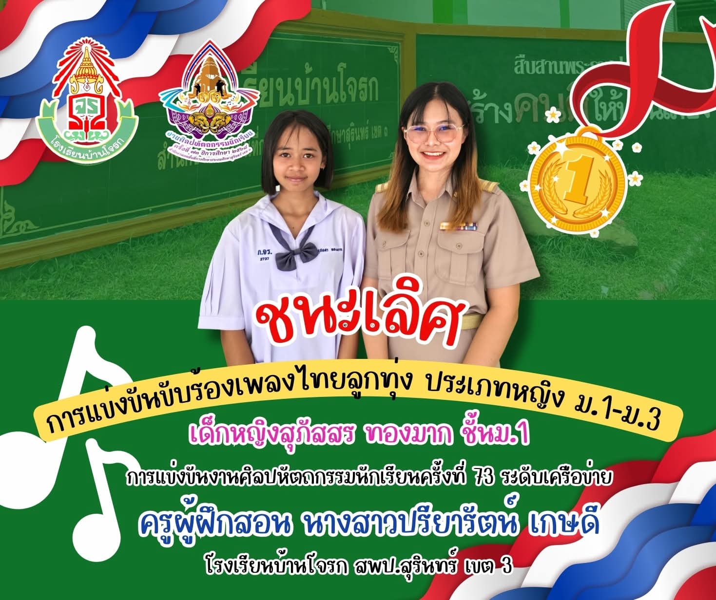 ผลรางวัลการแข่งขันชนะเลิศขับร้องเพลงไทยลูกทุ่ง หญิง ม.1-ม.3