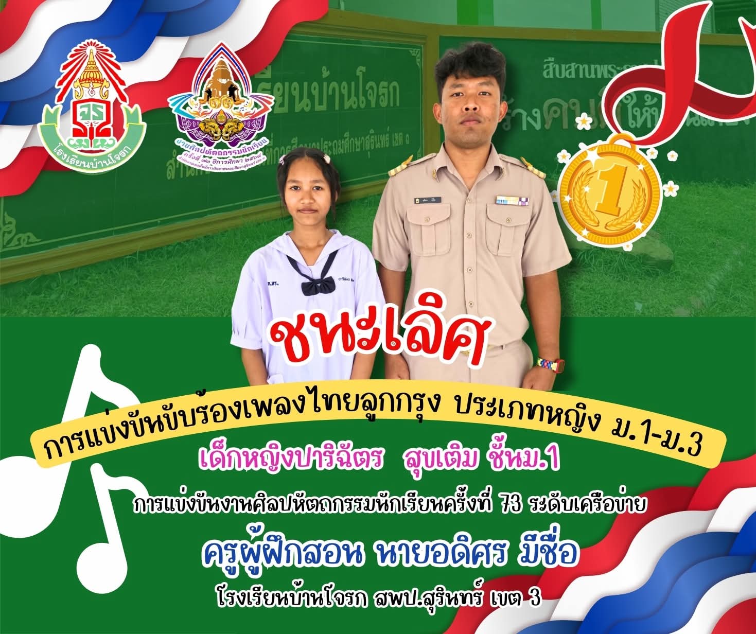 ผลรางวัลการแข่งขันชนะเลิศขับร้องเพลงไทยลูกกรุง ม.1-ม.3