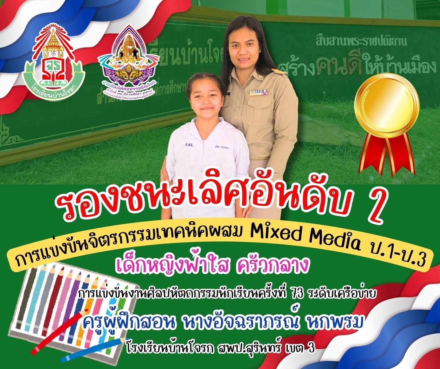 ผลการแข่งขันรองชนะเลิศอันดับ 2 การแข่งขันกิจกรรมเทคนิคผสม Mix media ป.1-ป.3
