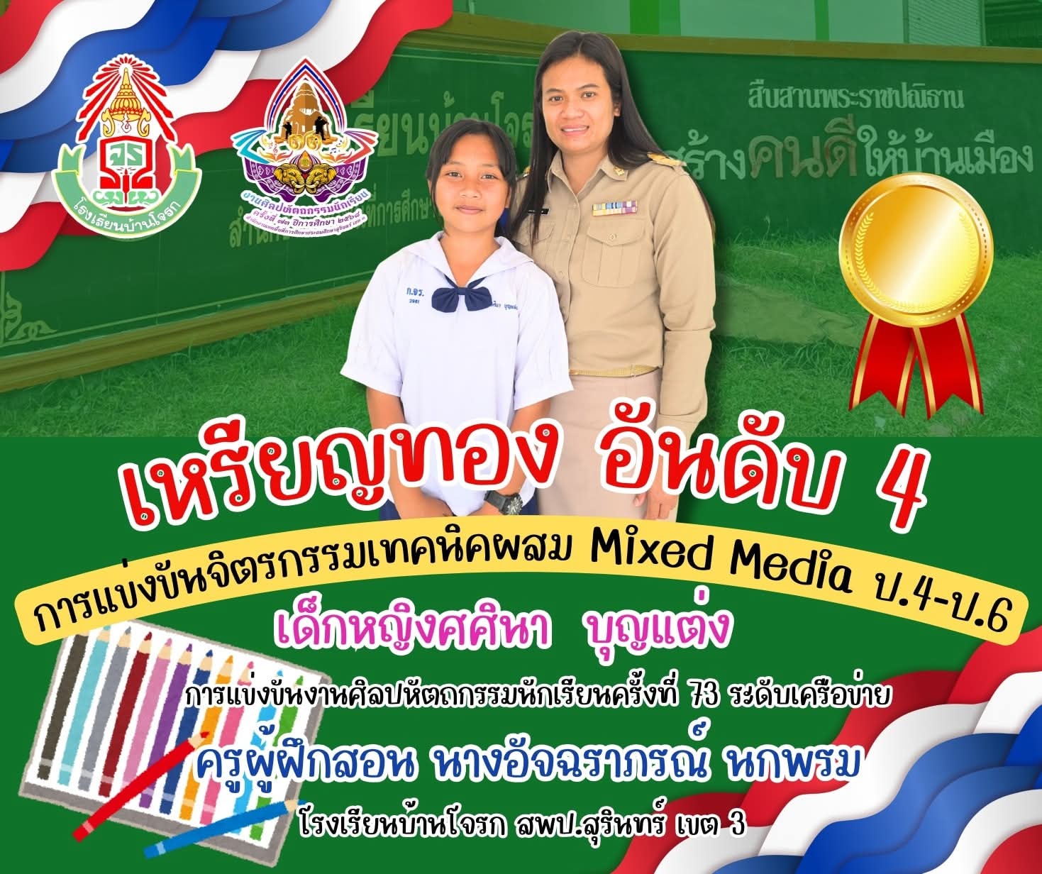 ผลการแข่งขันรองชนะเลิศอันดับ 4 การแข่งขันจิตรกรรมเทคนิคผสม Mix media ป.4-ป.6